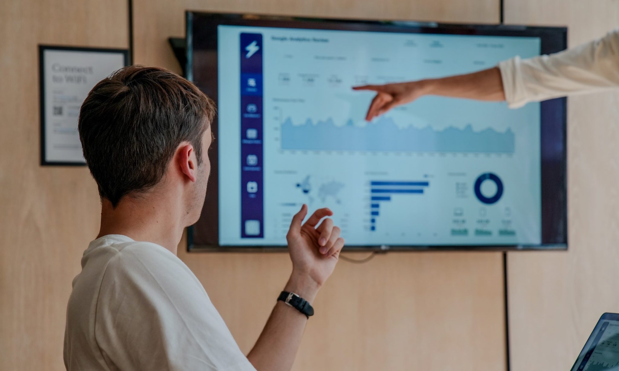 A marketing team reviewing a Dashworx performance dashboard on a large screen