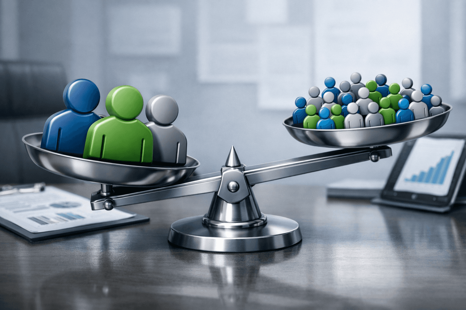 Ilustração 3D corporativa de uma balança desequilibrada representando a dependência de poucos clientes no B2B, com poucos clientes grandes pesando mais de um lado e muitos clientes menores do outro, em um ambiente de escritório com relatórios e gráficos ao fundo, simbolizando risco versus estabilidade na gestão de pedidos.