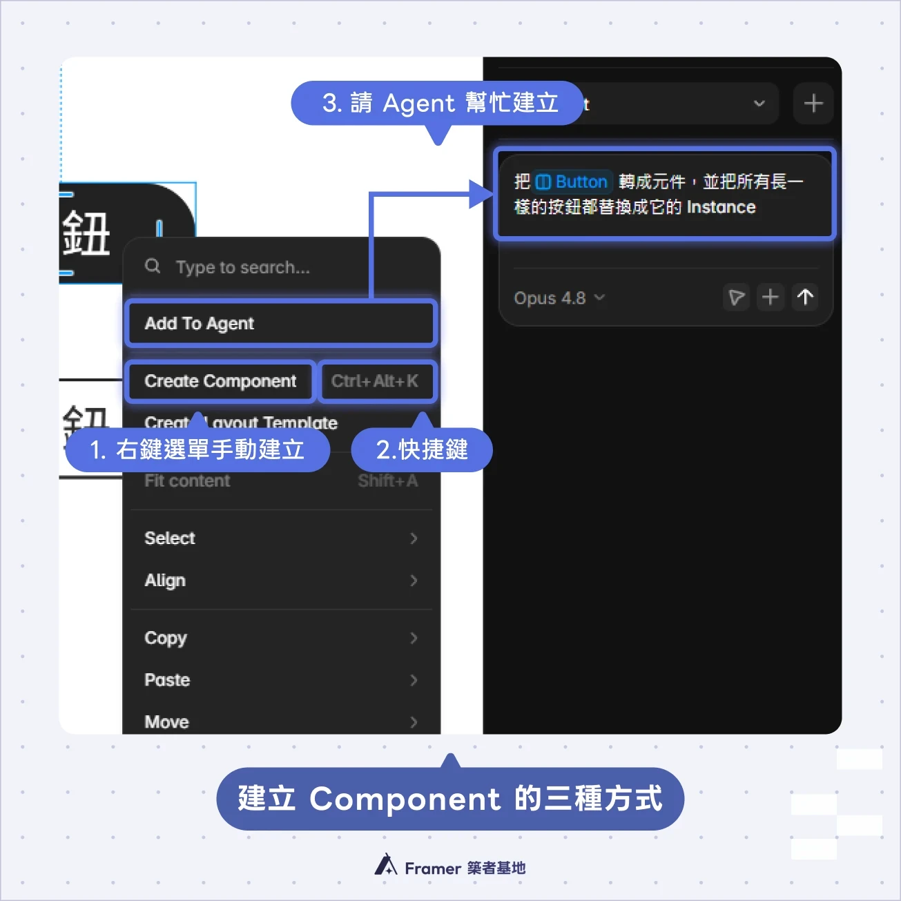 Framer 建立 Component 的三種方式:右鍵選單、快捷鍵與 Add To Agent