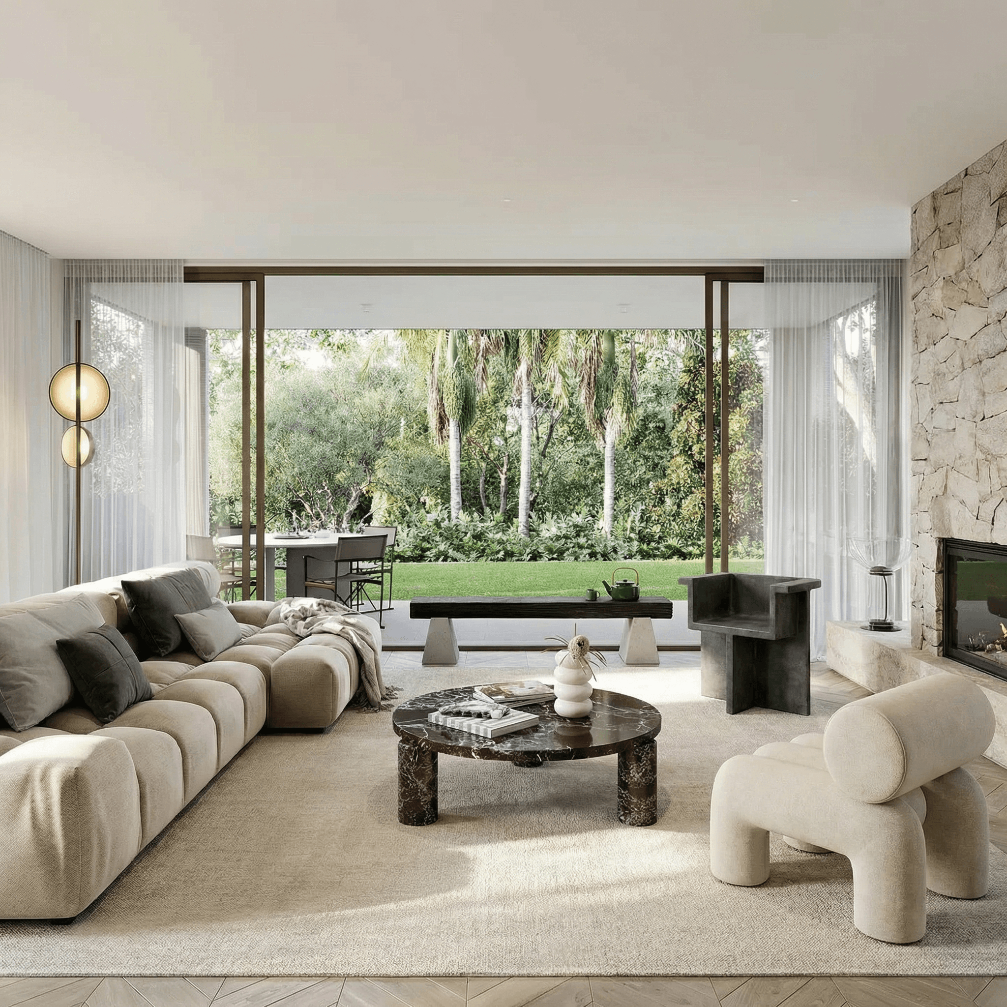 Minimalist entry hall with arched wooden door, warm plaster walls, dried botanicals, and soft natural light.