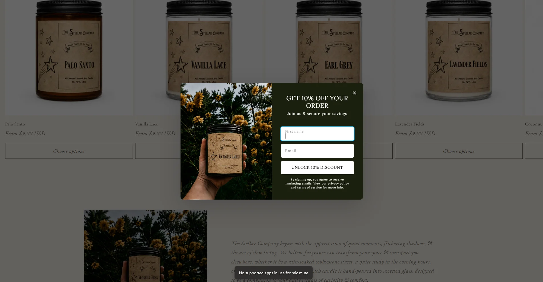 An e-commerce email signup centered popup by Claspo on a candle store website offering a 10% discount with a clean, two-field form layout