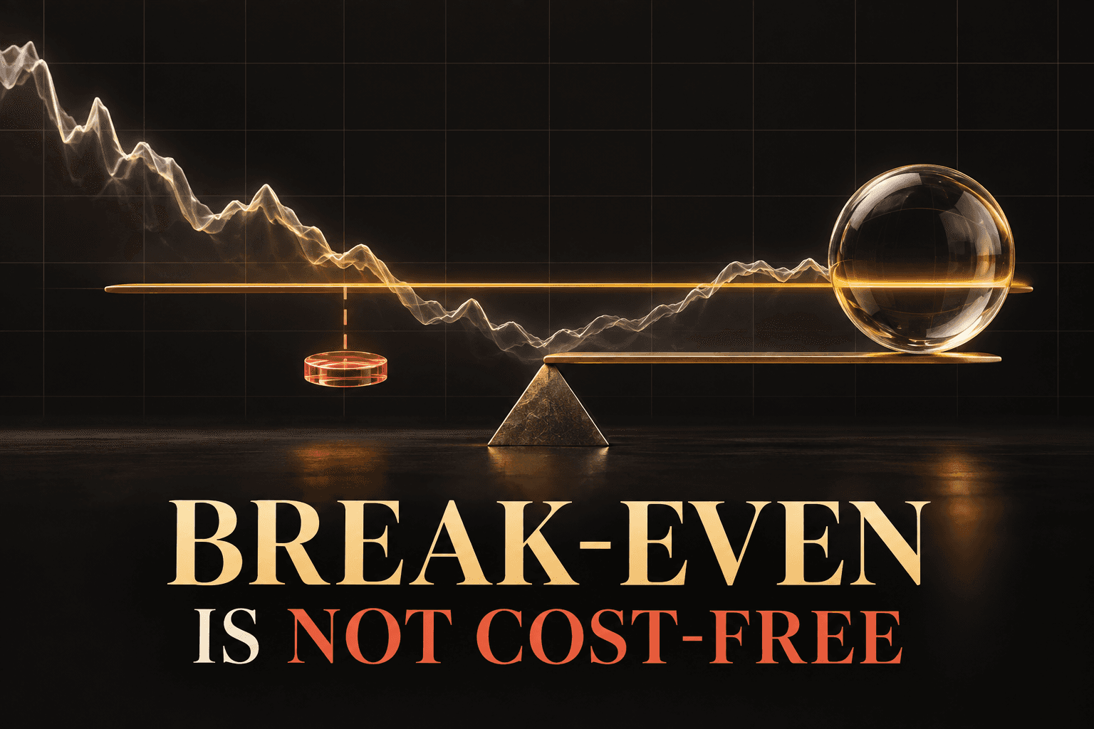 Conceptual price path near an amber entry line, with a coral cost marker below it and the words Break-even is not cost-free.