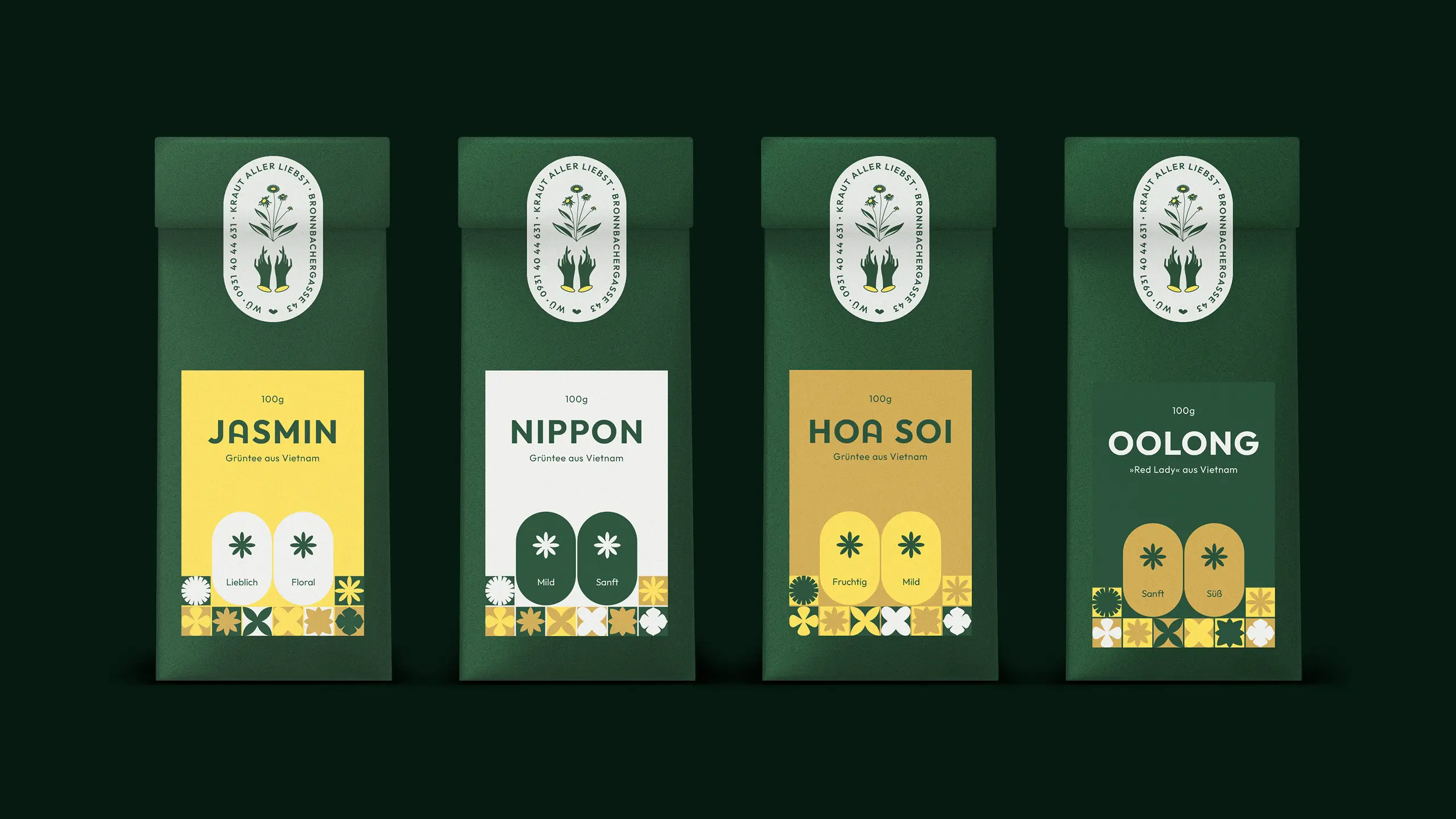 Tee-Sortiment Jasmin, Nippon, Hoa Soi und Oolong aus Vietnam mit Geschmacks-Tags