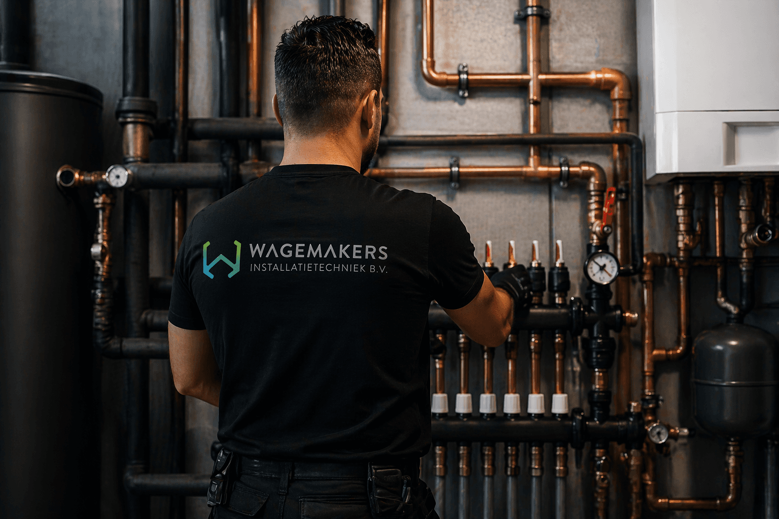 Installateur van achteren aan het werk bij leidingwerk