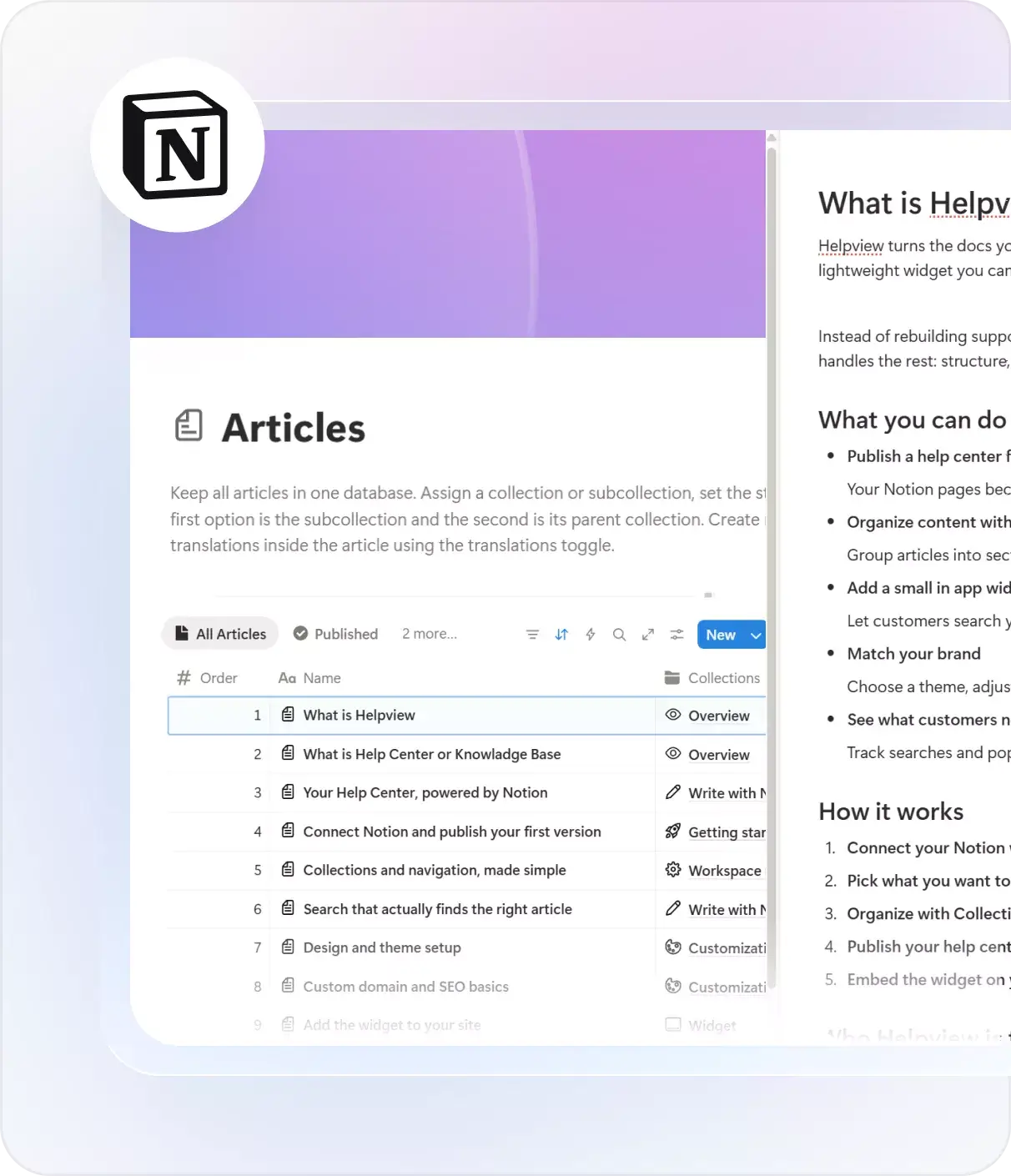 Notion articles database used to write and manage help center content before publishing with Helpview.