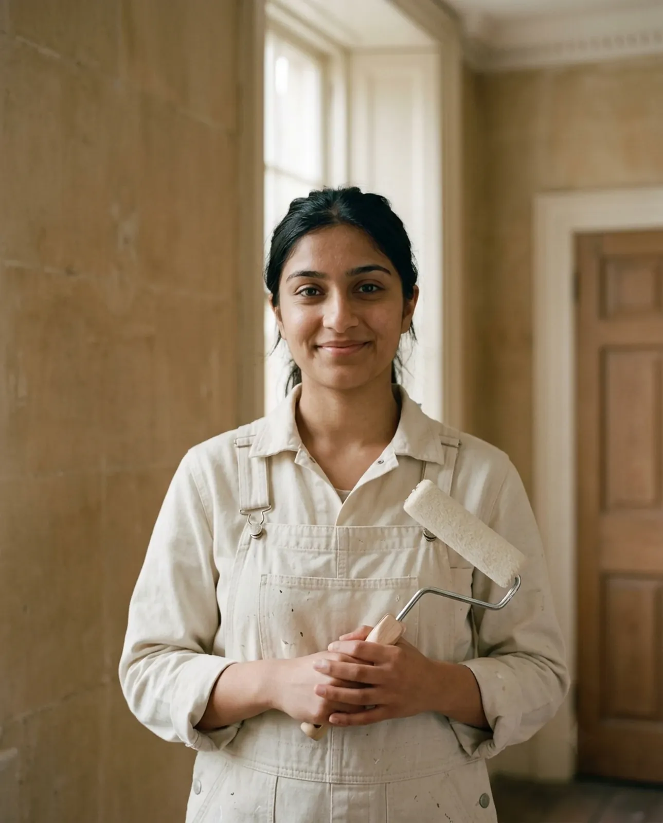 Portrait of Ruby Shah, apprentice, holding a roller