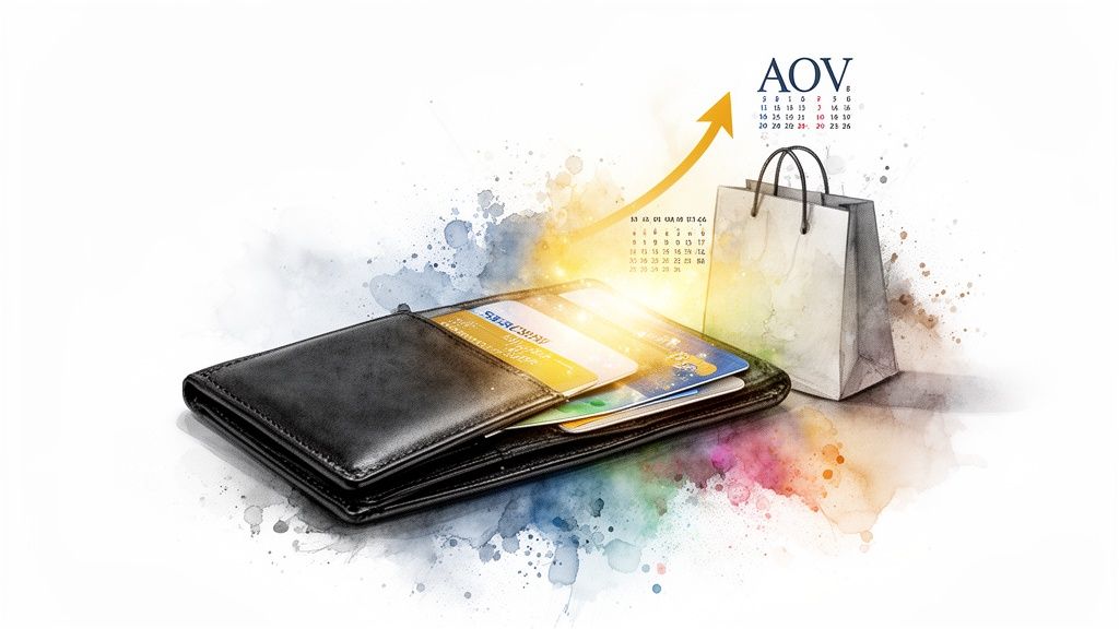 A wallet with credit cards, a shopping bag, and an upward arrow symbolizing increased average order value with watercolor art.