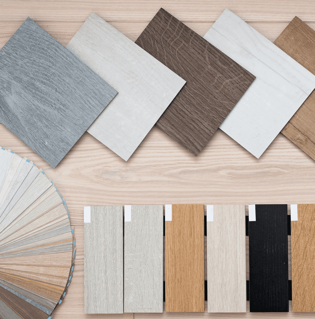A curated display of LUXO’s flooring samples in various tones and textures, offering homeowners a wide palette of durable, stylish options. From light neutrals to rich wood grains, the collection highlights LUXO’s commitment to quality design and flooring solutions that fit every home’s style and lifestyle needs.