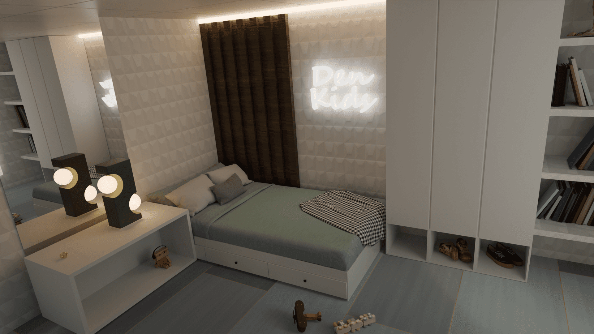 a badromm kids with a toy inside