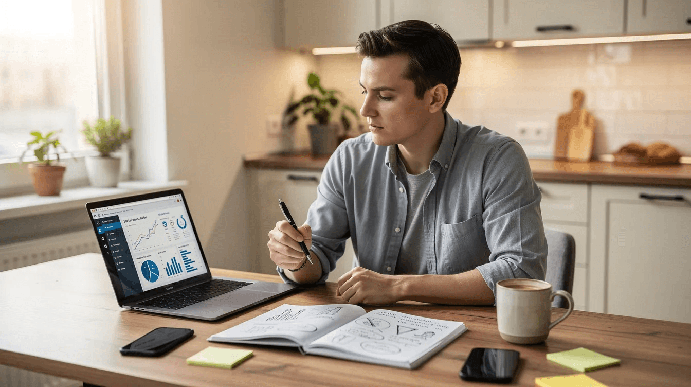 A person sits at a kitchen table with a laptop, notepad, and a cup of coffee, focused on planning their new business. They appear to be developing a business plan, exploring their business idea, and considering marketing strategies to attract potential customers.