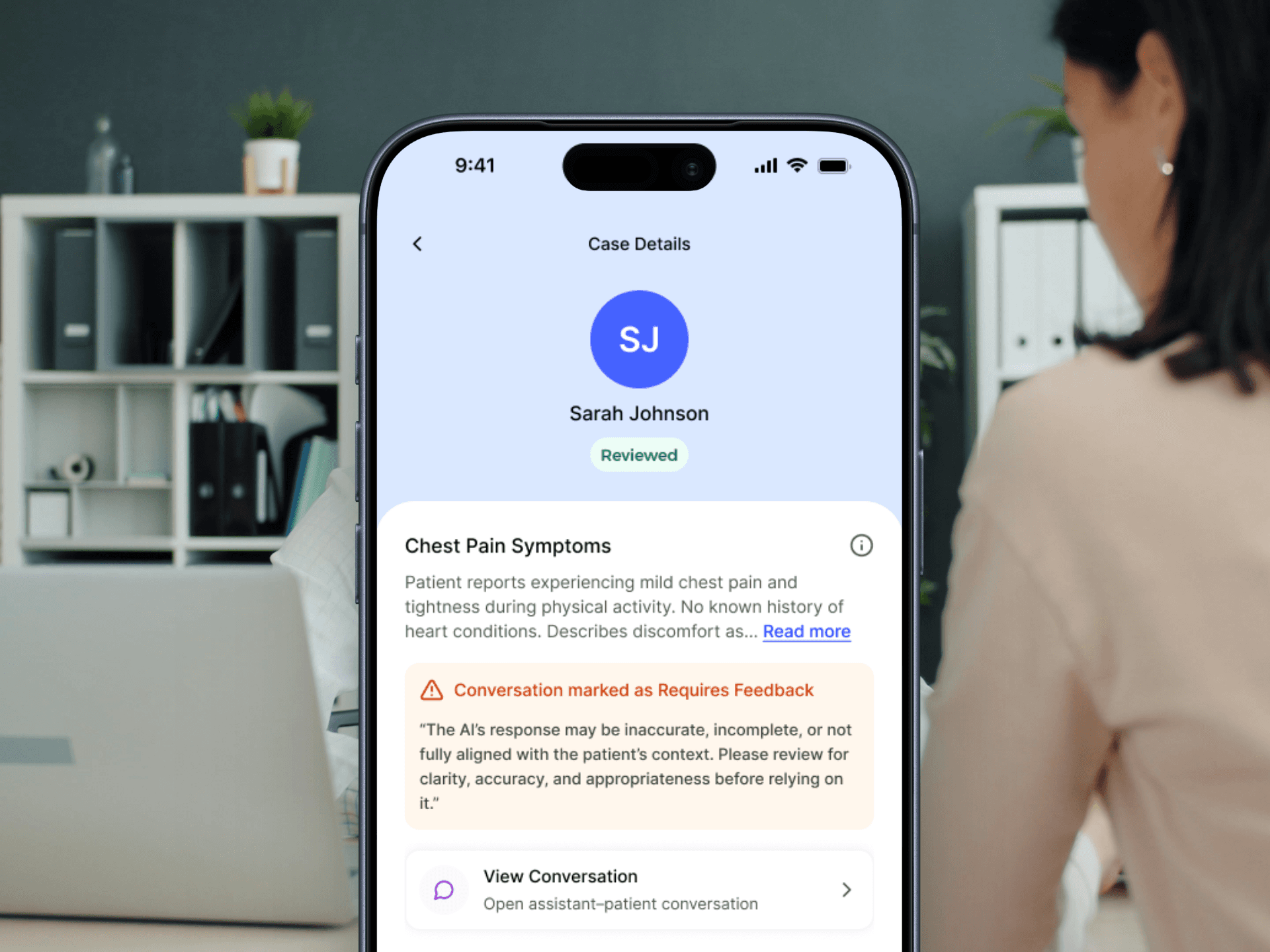 Screenshot of the AI Health Clinic app showing a patient case detail for Sarah Johnson with chest pain symptoms and a conversation feedback flag, displayed on a phone.