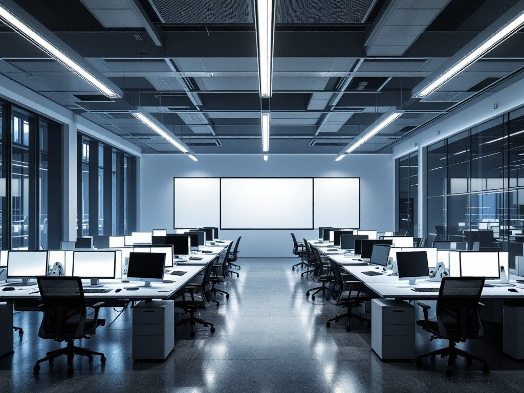 A modern office with rows of desks and computers.