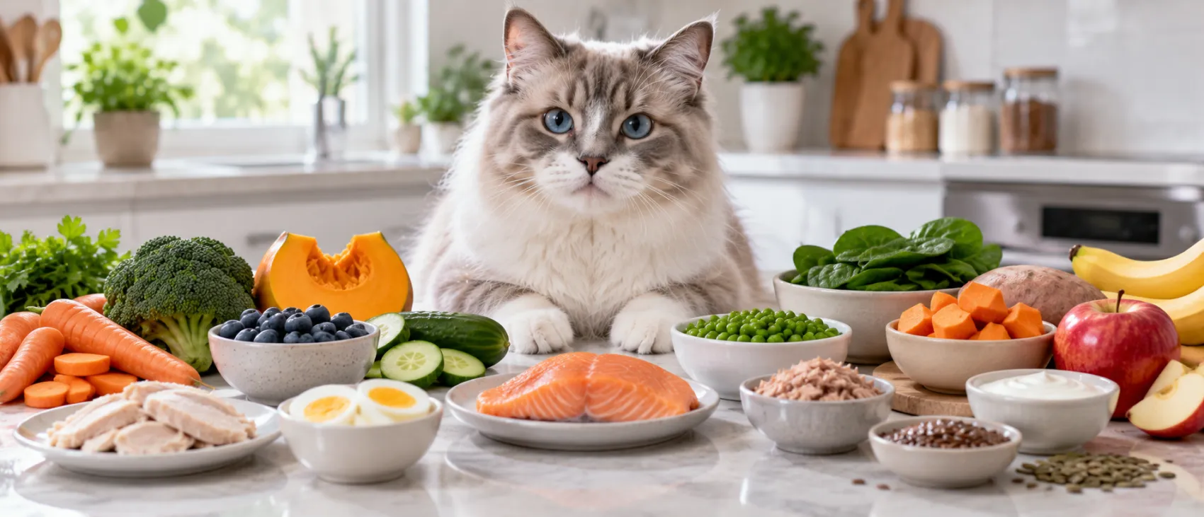 A cat sitting at a counter surrounded by plates of fruits, vegetables, fish, and other foods.