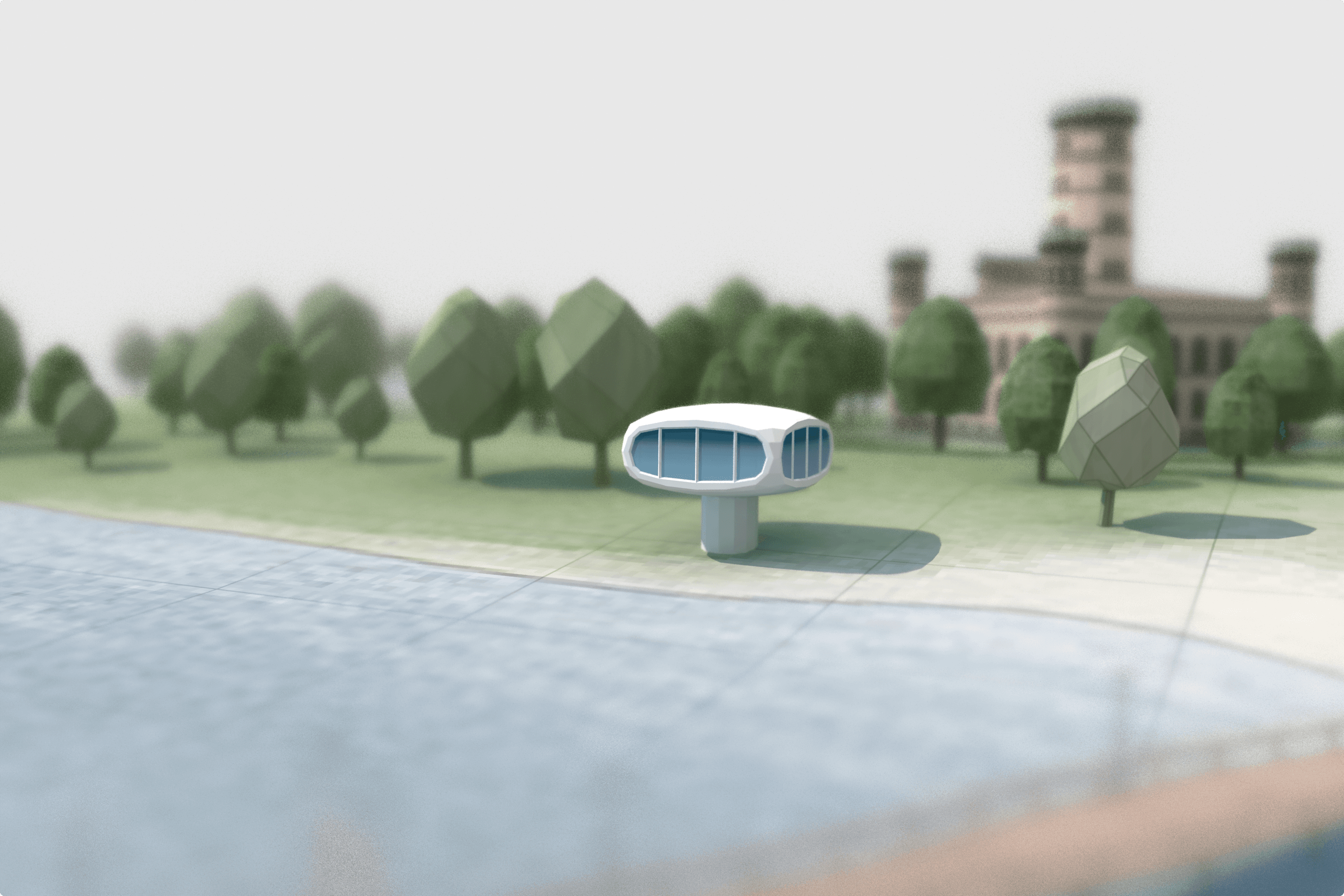 Futuristic building by the water with blurry background.