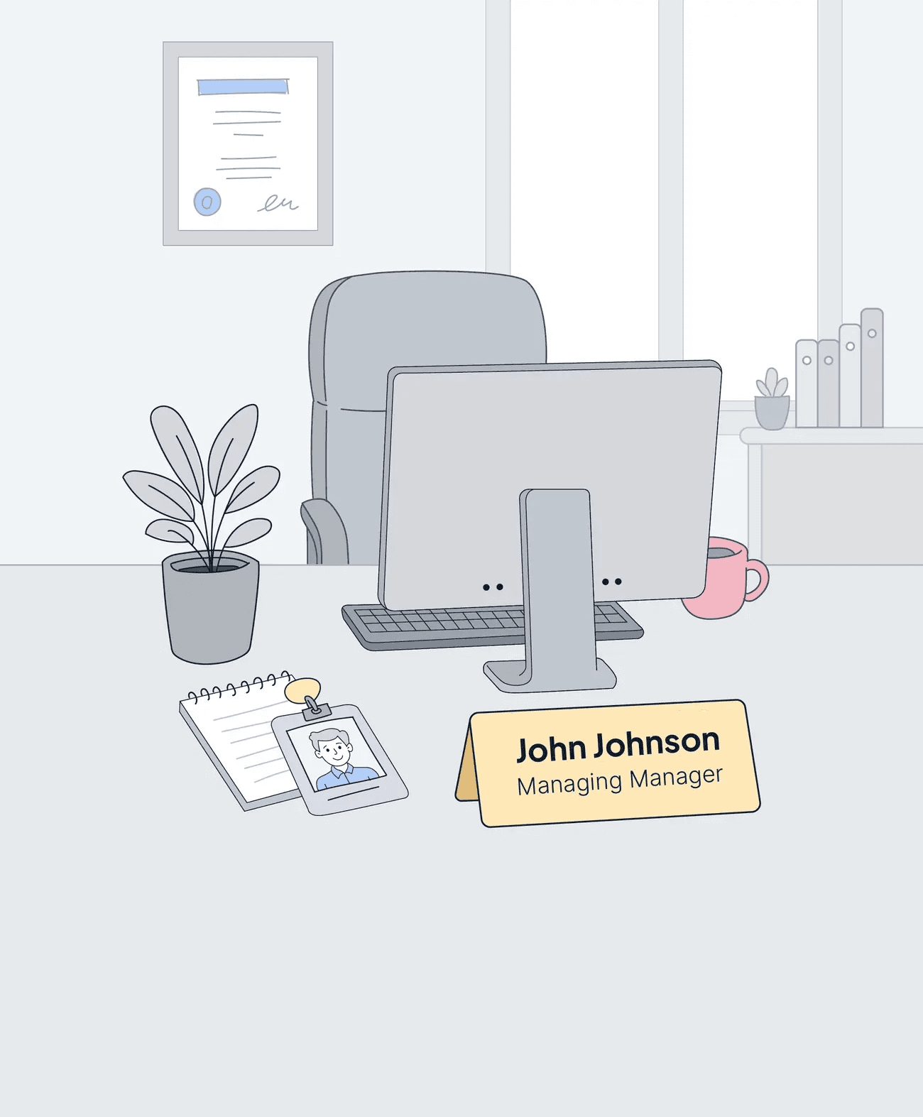 Illustration of an office desk with a computer monitor, an ID badge, a notepad, a framed certificate and a coffee cup, with a desk nameplate reading John Johnson, Managing Manager