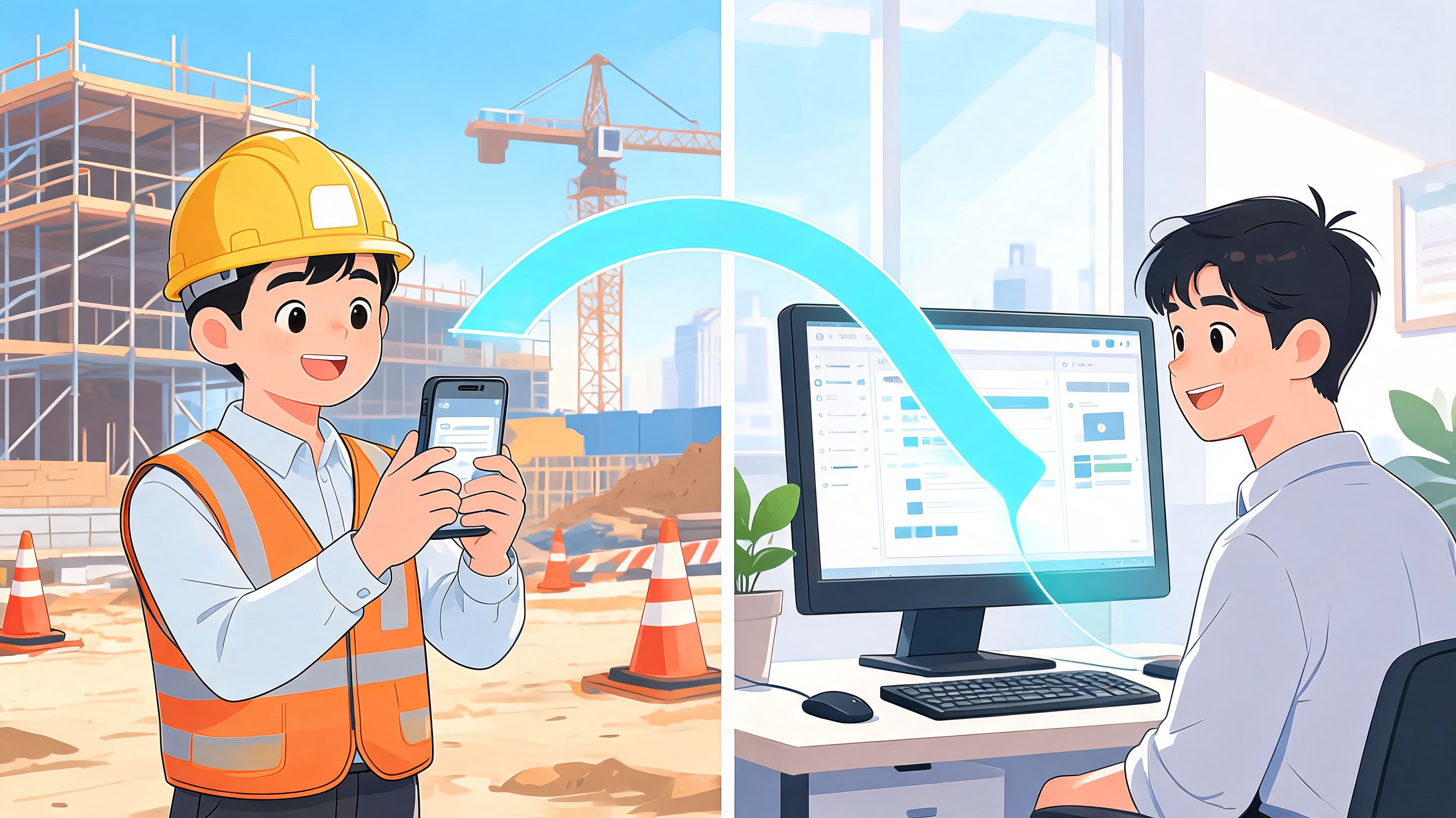 A construction worker using a mobile device connected to an office worker using a computer interface.