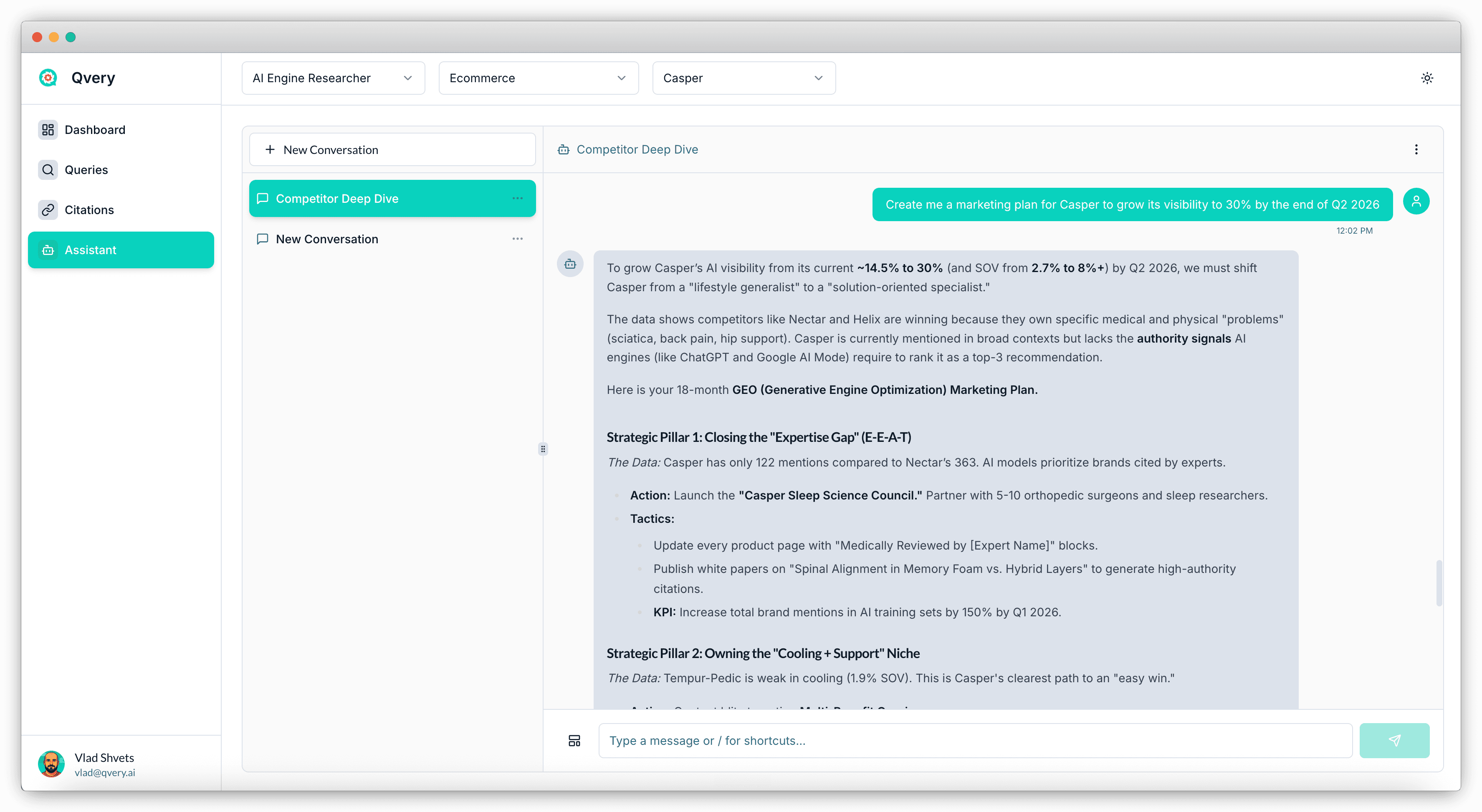 Qvery Assistant output showing an 18-month GEO Marketing Plan for Casper. The introduction states the goal: "shift Casper from a 'lifestyle generalist' to a 'solution-oriented specialist'" to grow AI visibility from 14.5% to 30% SOV by Q2 2026. Strategic Pillar 1 is "Closing the Expertise Gap (E-E-A-T)" with data ("Casper has only 112 medical mentions compared to Nectar's 583"), the action ("Launch the Casper Sleep Science Council — partner with 5-10 orthopedic surgeons and sleep researchers"), tactics (medically-reviewed product page blocks, white papers on spinal alignment), and KPI ("increase total brand mentions in AI training sets by 150% by Q1 2026"). Strategic Pillar 2 visible: "Owning the 'Cooling + Support' Niche" — flagged as Casper's clearest "easy win" path because Tempur-Pedic is weak there at 0.6% SOV.