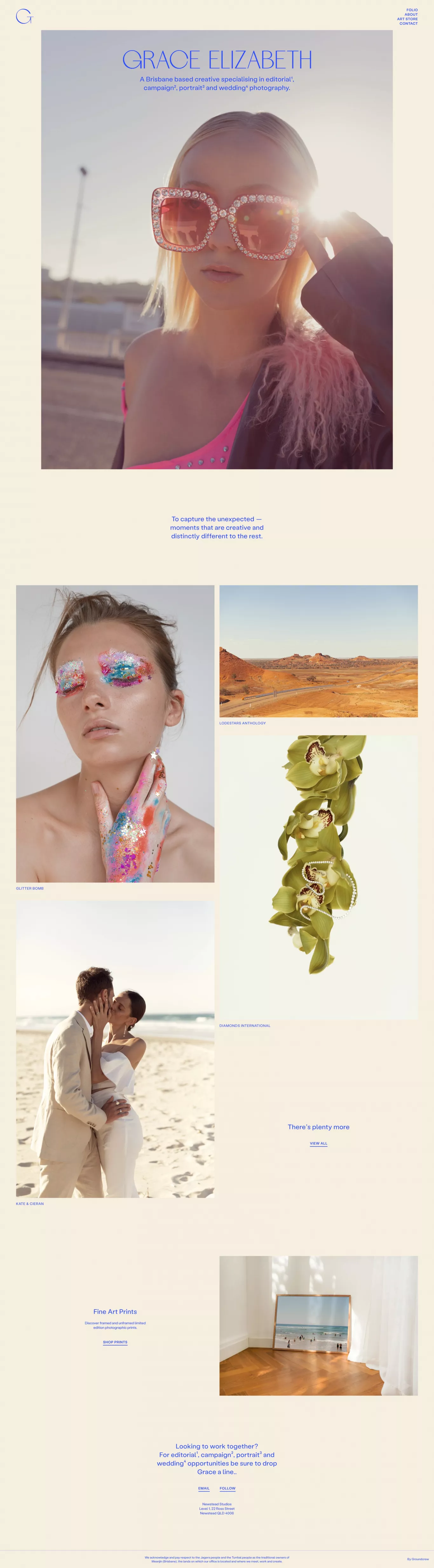 Grace Elizabeth portfolio page screenshot showcasing Photography and Advertising design