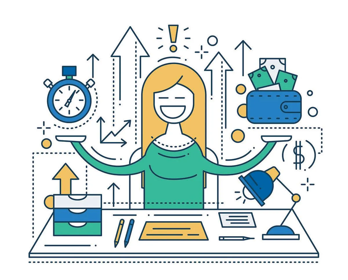 A colorful illustration of a smiling woman balancing time and money, represented by a stopwatch on one scale and a wallet with cash on the other. Upward arrows and charts surround her, symbolizing growth and effective time management in business or personal finance.