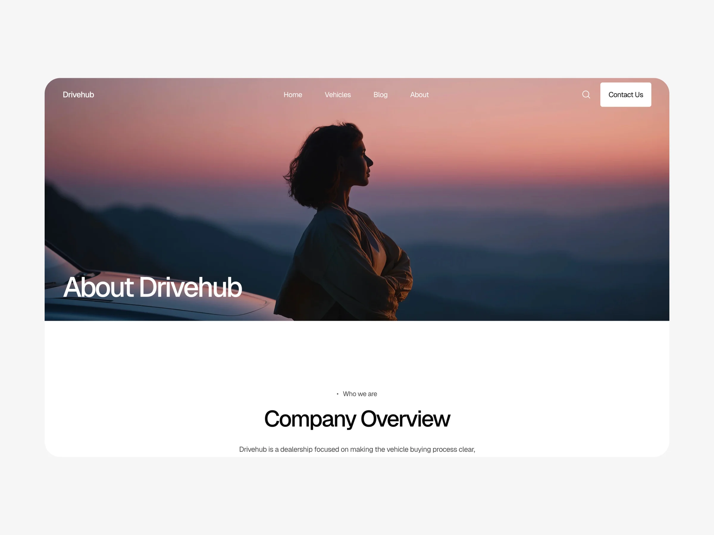 Car dealership website hero section with vehicle and lifestyle background