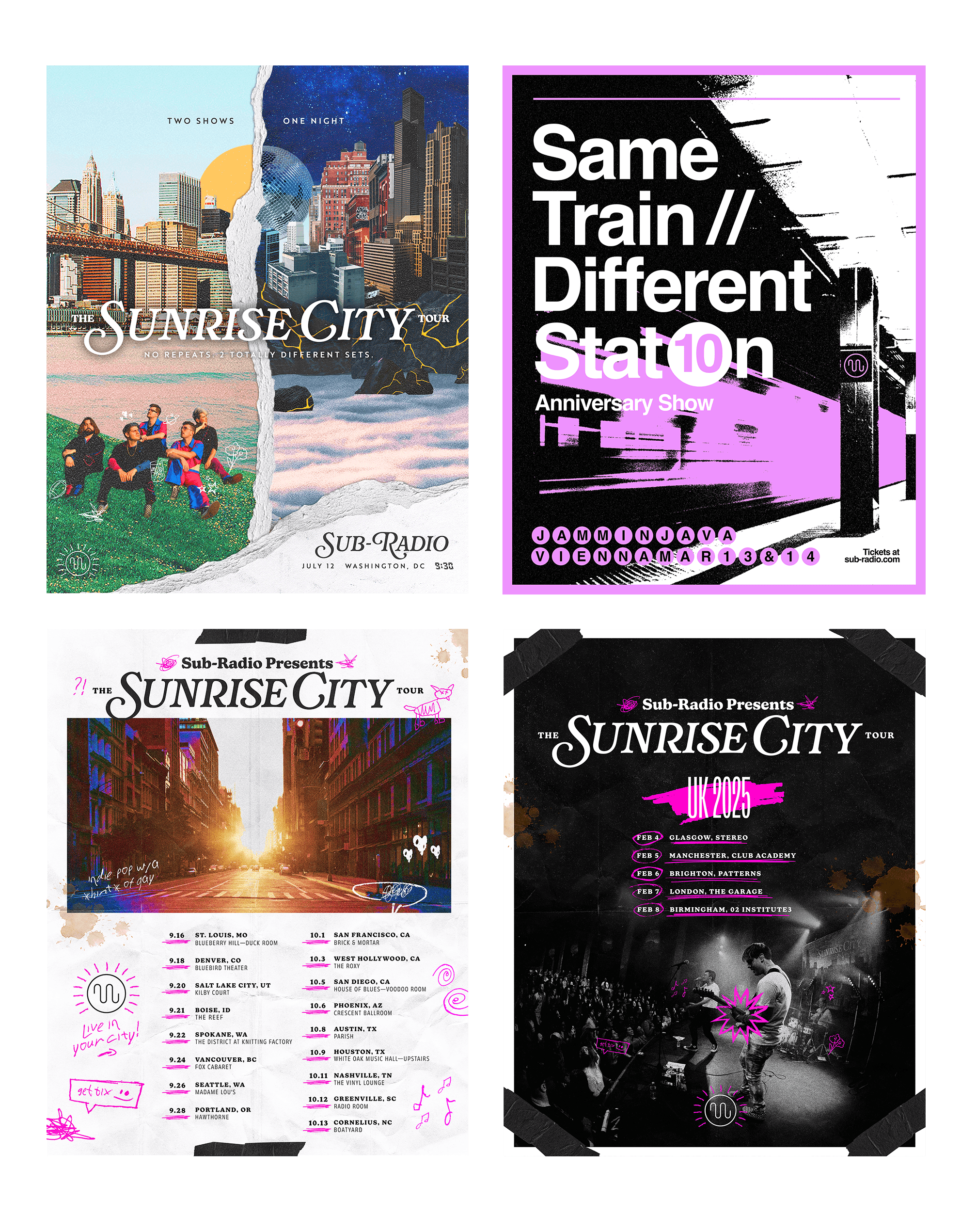 4 poster designs for sub-radio, all highly stylized and collaged, showcasing tour dates/show dates