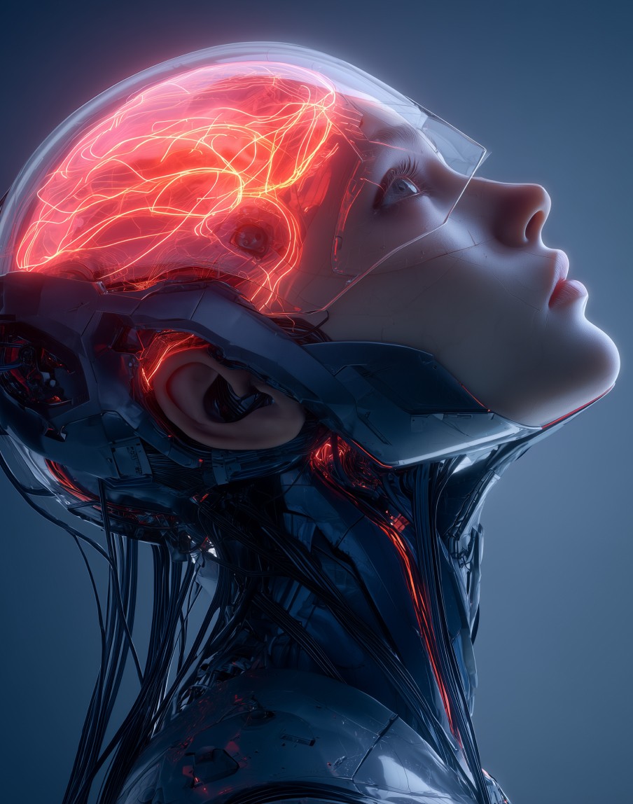 A futuristic android with a transparent head revealing glowing red circuits, gazes upward. The image conveys innovation and technological advancement.