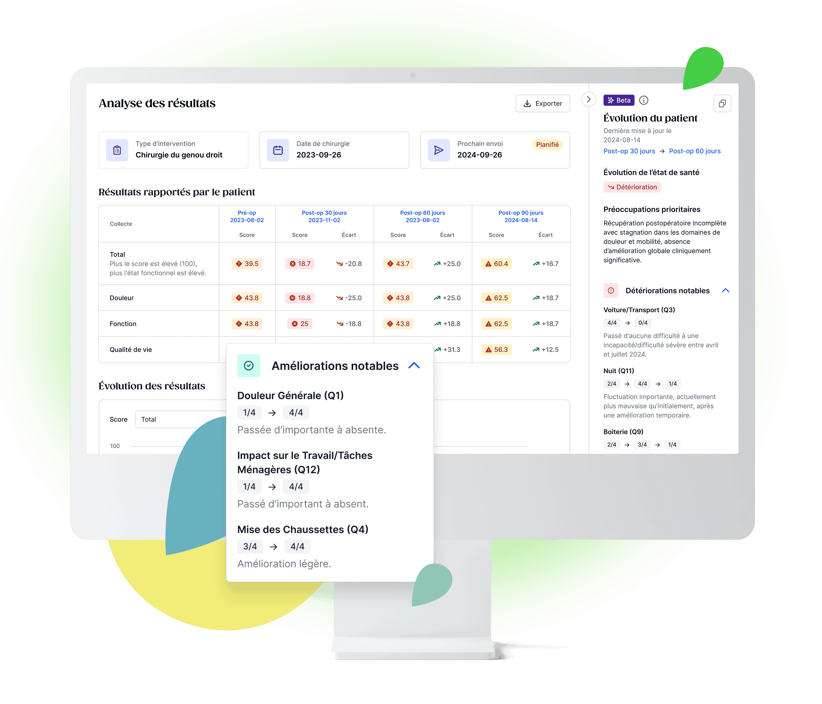 Analyse de l'état de santé du patient sur écran d'ordinateur montrant les résultats post-opératoires et des améliorations notables en français.