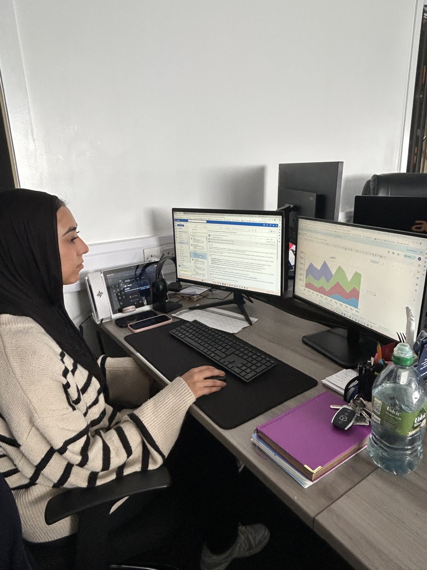 Image of an office worker looking two screens one with emails and one with a graph