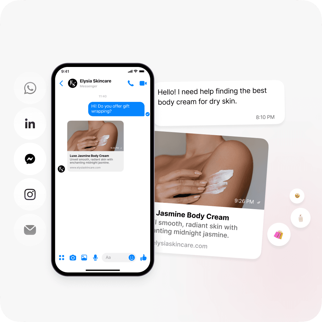 Chat interaction for Elysia Skincare, helping a customer find the best body cream for dry skin, with product details sent via messaging.