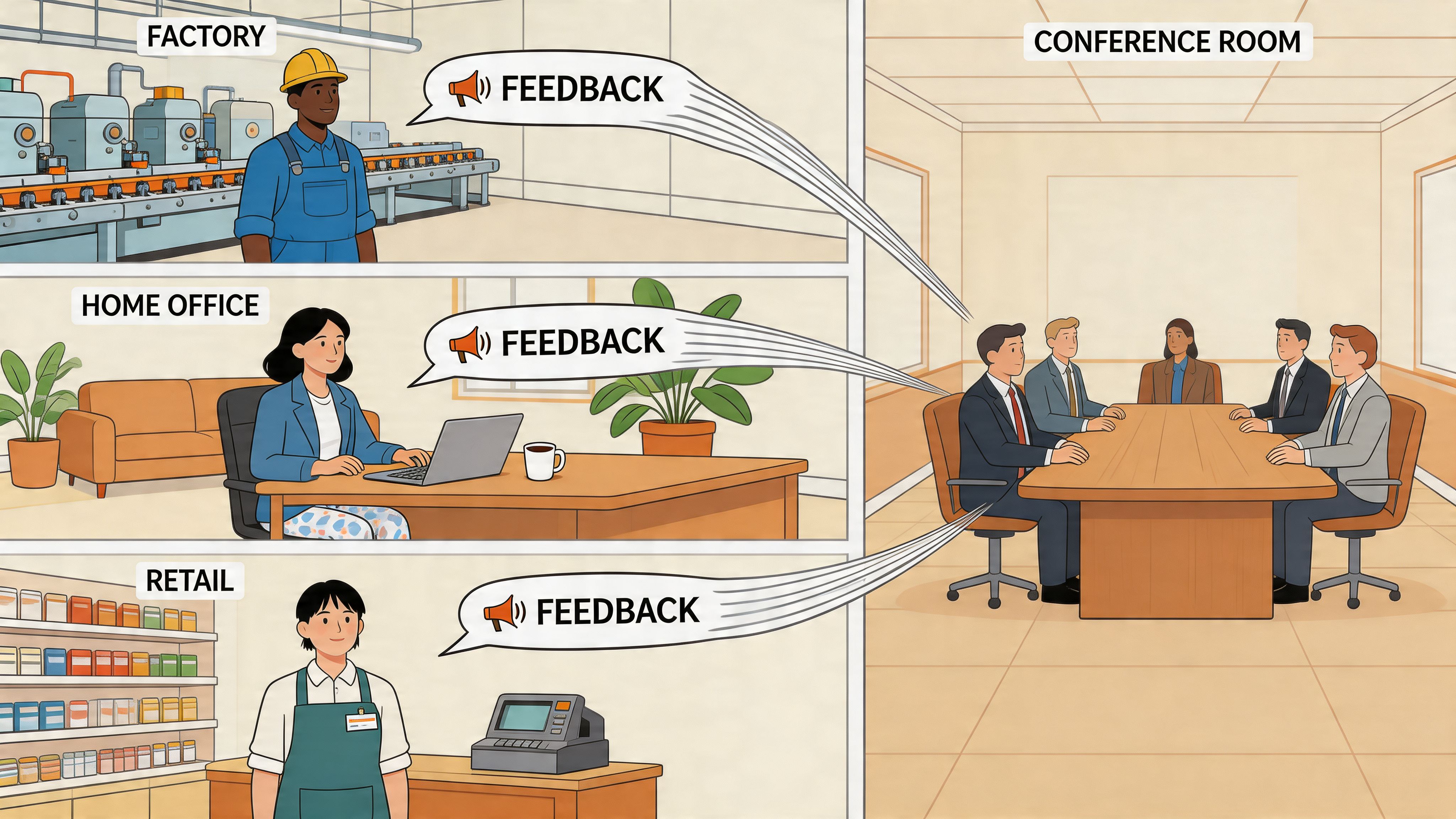 An illustration showing employees from various work environments providing feedback to a corporate boardroom meeting.
