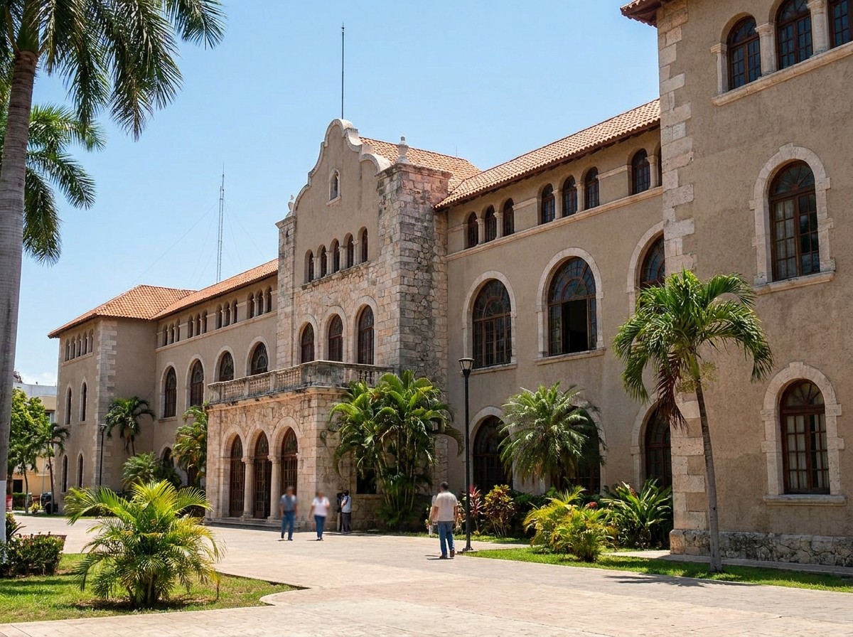 Exterior of a Yucatán state government building representative of the property registry office