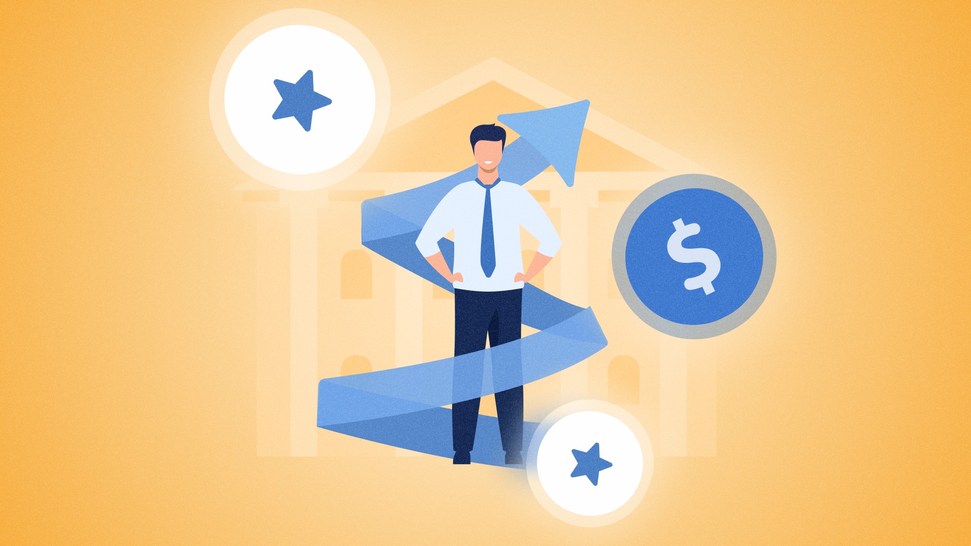 Férfi irodában áll, rakétaindítást ábrázoló gondolatbuborékkal.