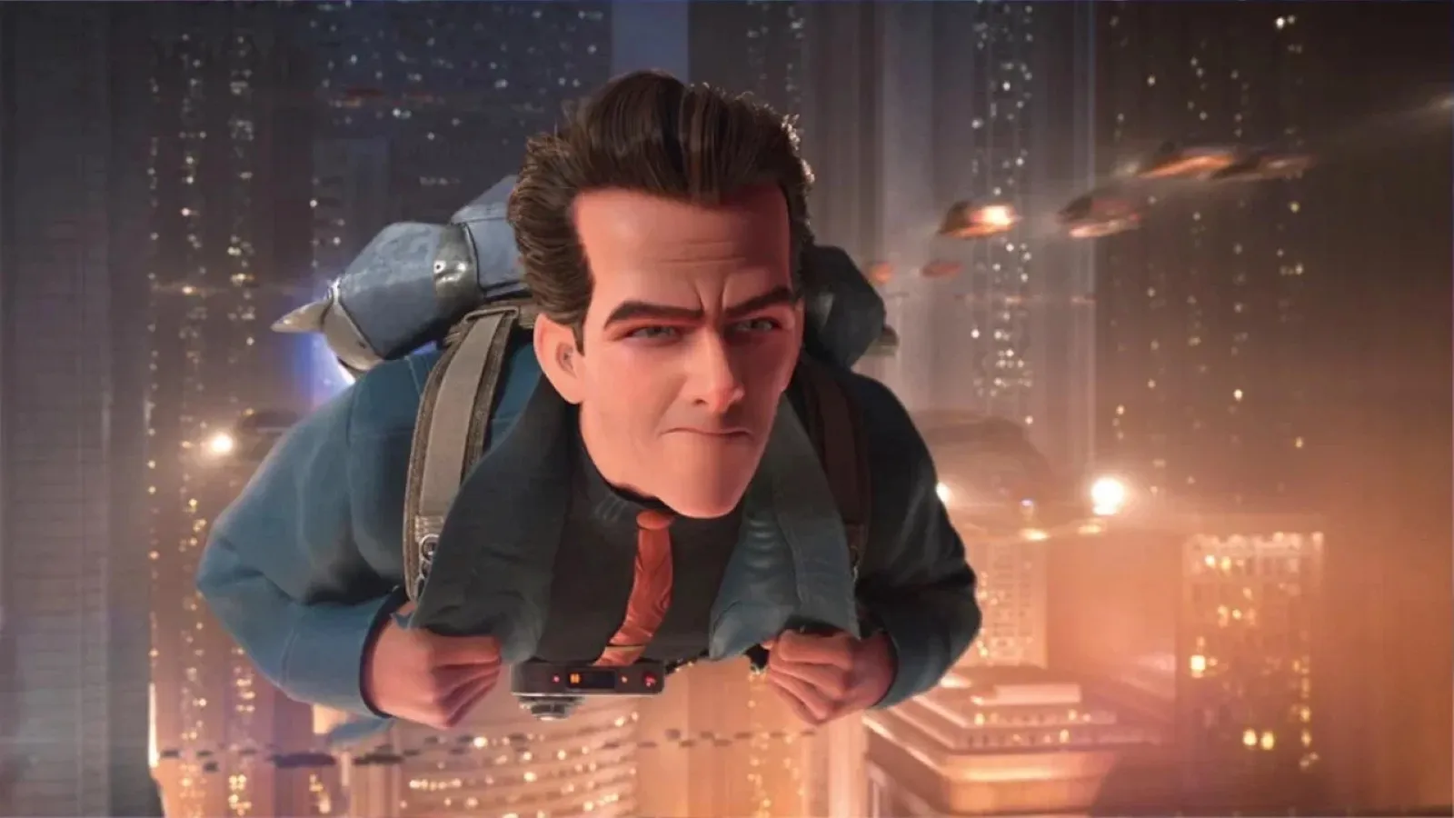 Animated character with a determined expression wears a blue suit and jetpack, flying through a futuristic cityscape with tall buildings and glowing lights, while spaceships hover in the background.