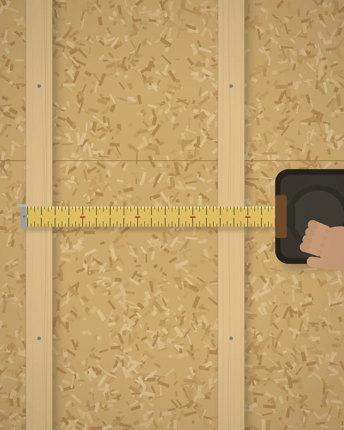 Tape measure stretched across a wall stud