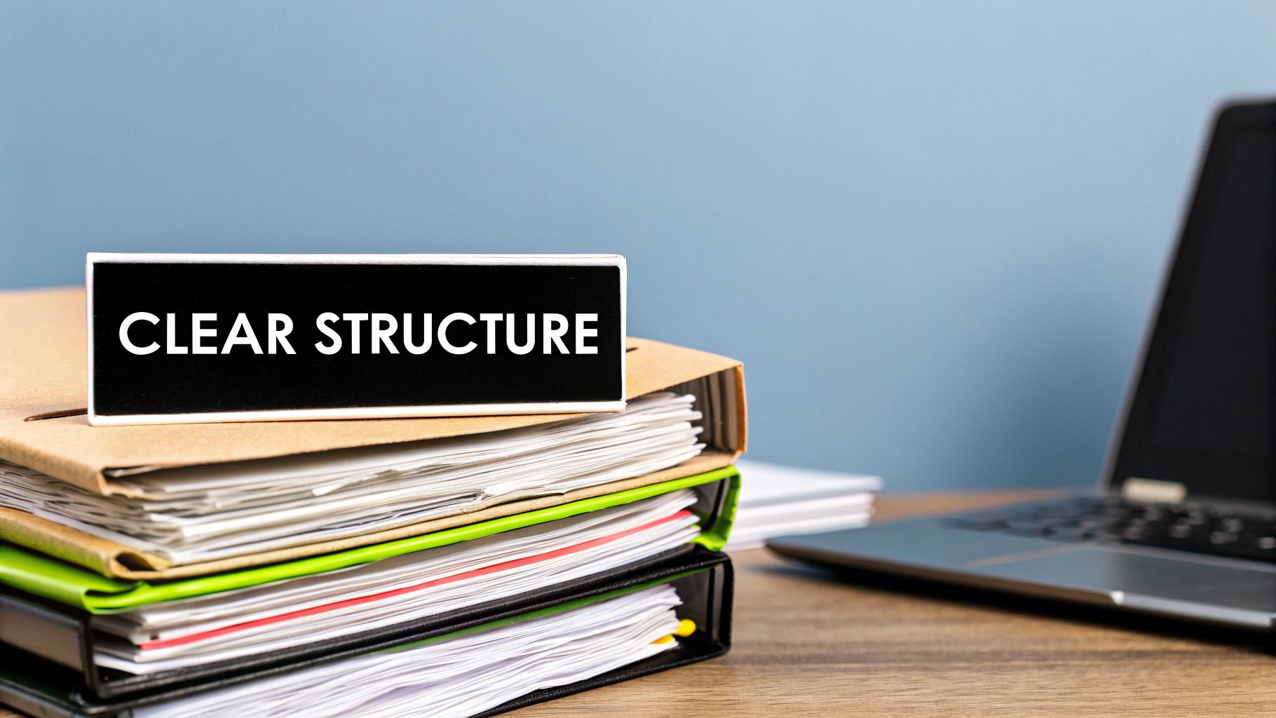 A 'CLEAR STRUCTURE' sign on a stack of binders, symbolizing organization and clarity.