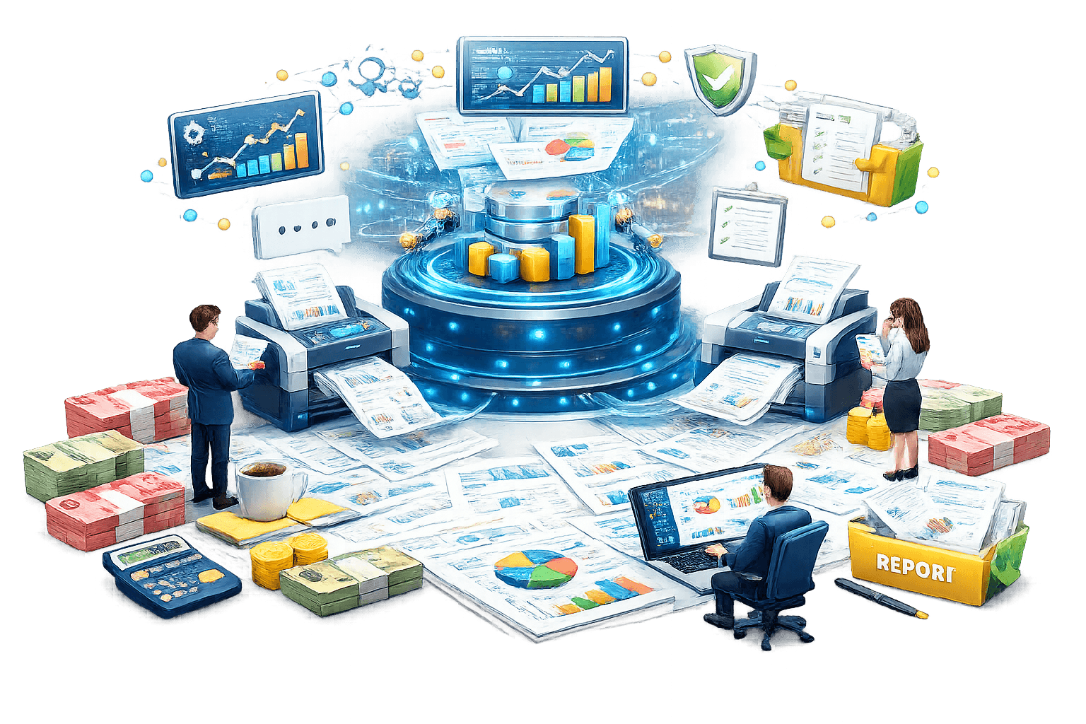 Ilustrasi AI‑assisted automated reporting, compliance validation, dan performance analytics. Di tengah, platform analitik terpusat dengan grafik batang meningkat dan dashboard KPI (bar, line, pie) menandakan pemantauan kinerja real‑time. Di sekelilingnya, dokumen laporan dicetak dan diproses oleh printer otomatis, menggambarkan alur pelaporan end‑to‑end.  Di kiri dan kanan, analis bekerja pada monitor, laptop, dan tablet untuk meninjau insight dan validasi. Ikon perisai hijau dan checklist menunjukkan keamanan dan kepatuhan, sementara uang tunai dan koin merepresentasikan dampak finansial. Ikon chat/notifikasi menandakan kolaborasi, dan folder “REPORT” menunjukkan arsip dan audit trail. Visual menggambarkan orkestrasi AI yang menggabungkan analitik, otomasi laporan, dan kontrol kepatuhan secara terintegrasi.