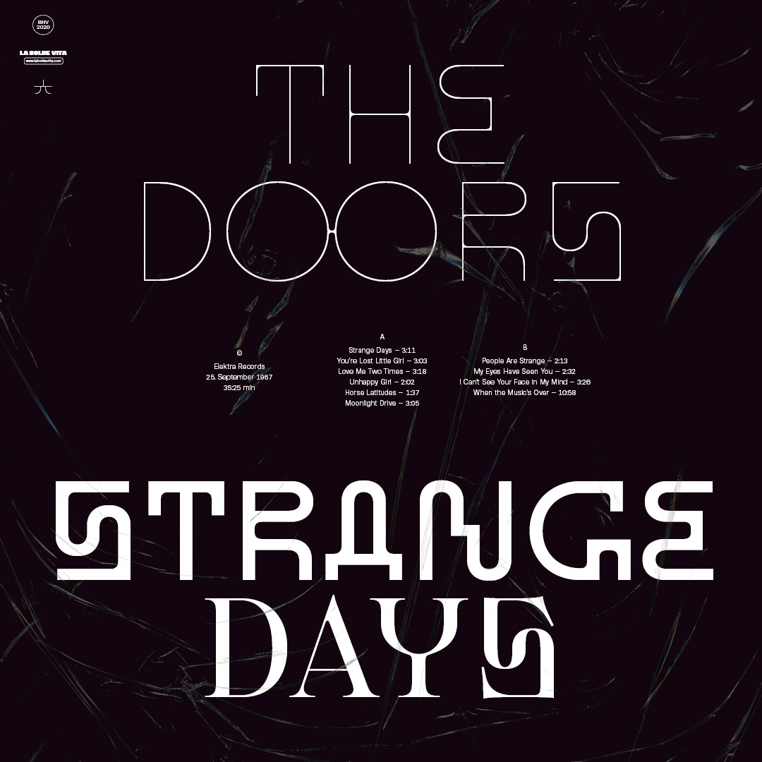 a reinterpretation of the "strange days" vinyl cover from the doors set in various styles of BHV