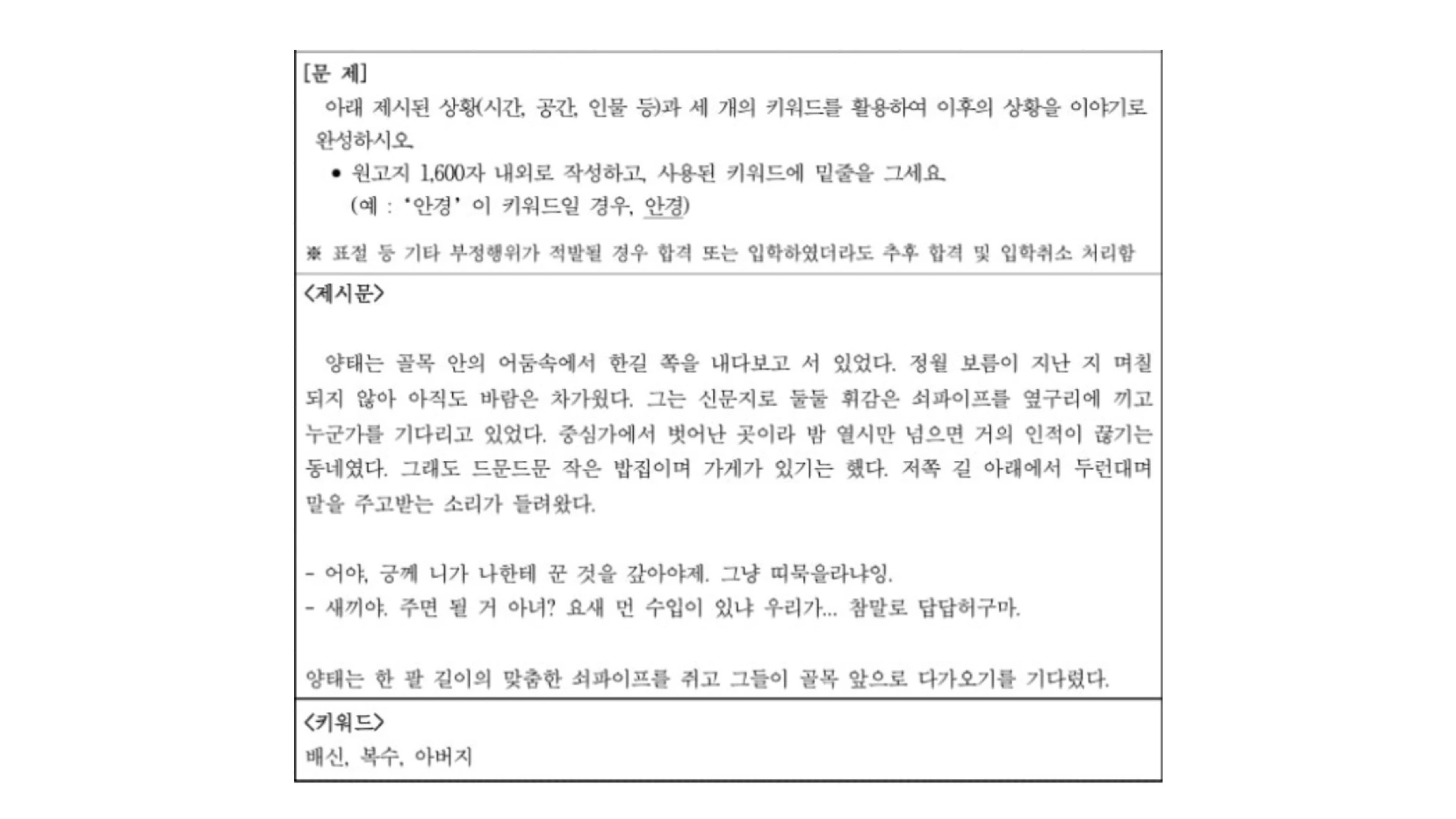 단국대 영화과 스토리텔링 실기 기출 문제지. 골목 안 어둠 속에서 쇠파이프를 든 양태의 상황이 제시문으로 주어지고, 키워드는 배신, 복수, 아버지이다. 원고지 1,600자 내외로 작성하며 사용 키워드에 밑줄을 긋는다.