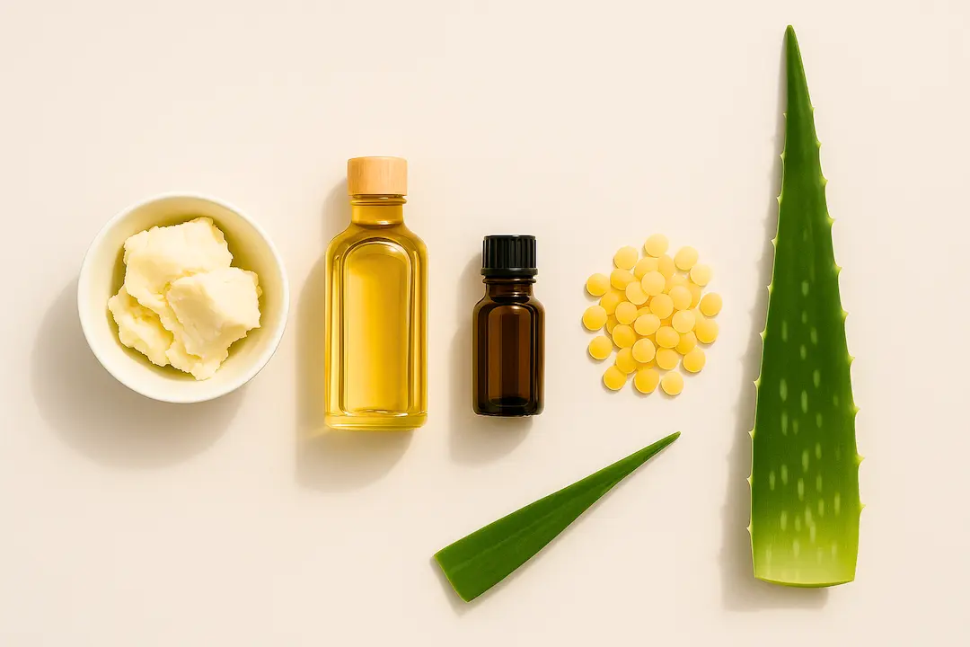 Flatlay mit Sheabutter Öle Bienenwachs Aloe Vera