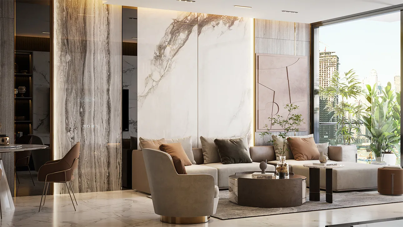 A modern living room featuring elegant marble walls and flooring, showcasing a sleek and sophisticated design.