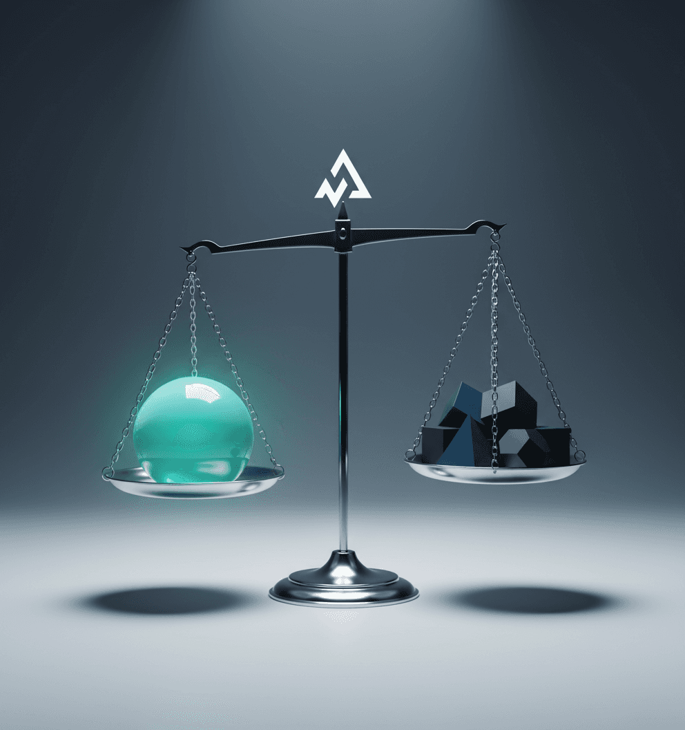 Abstract visual showing a balanced scale weighing profit against deeper trading analytics for copy trading