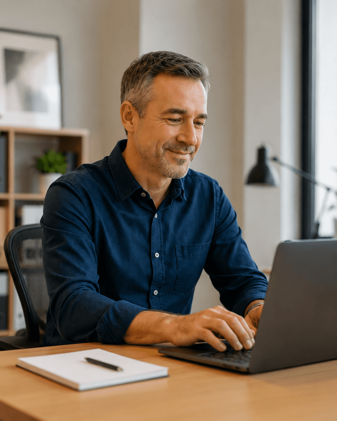 Smiling man in an office in front of a laptop.