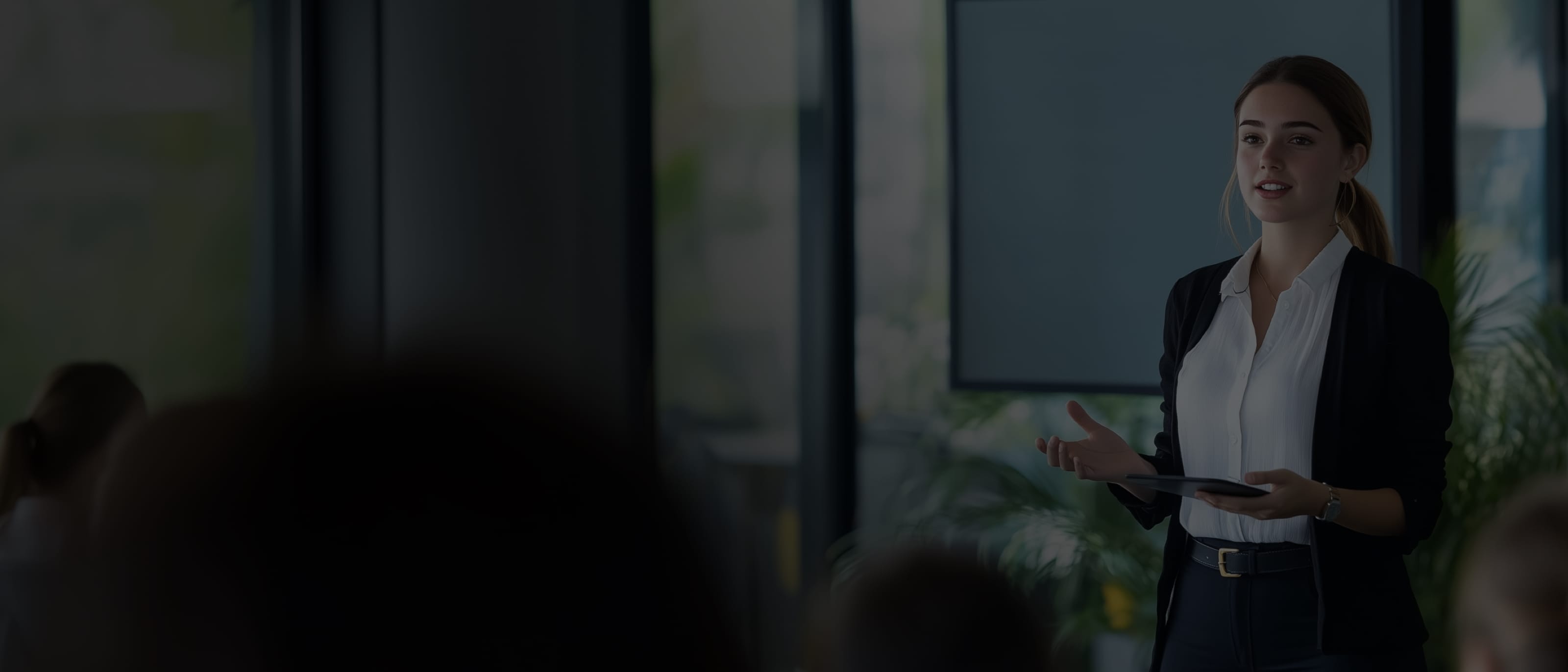 A young woman presenting an Intelligence Briefing to senior leaders