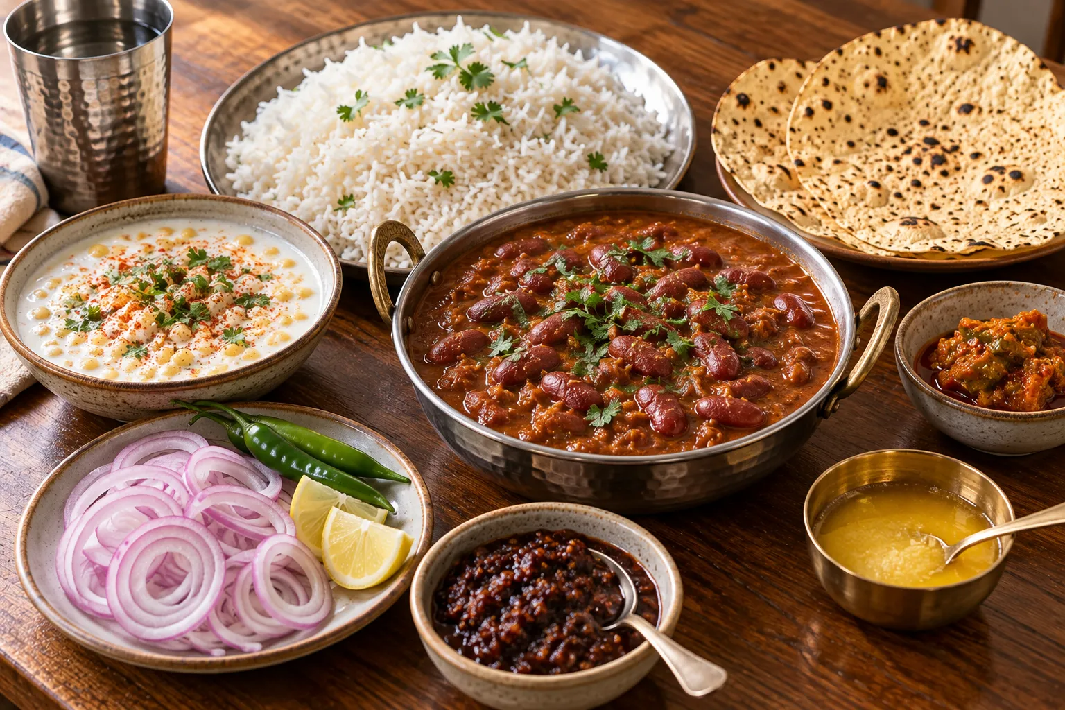 Rajma chawal meal with steamed rice, papad and raita served at a table