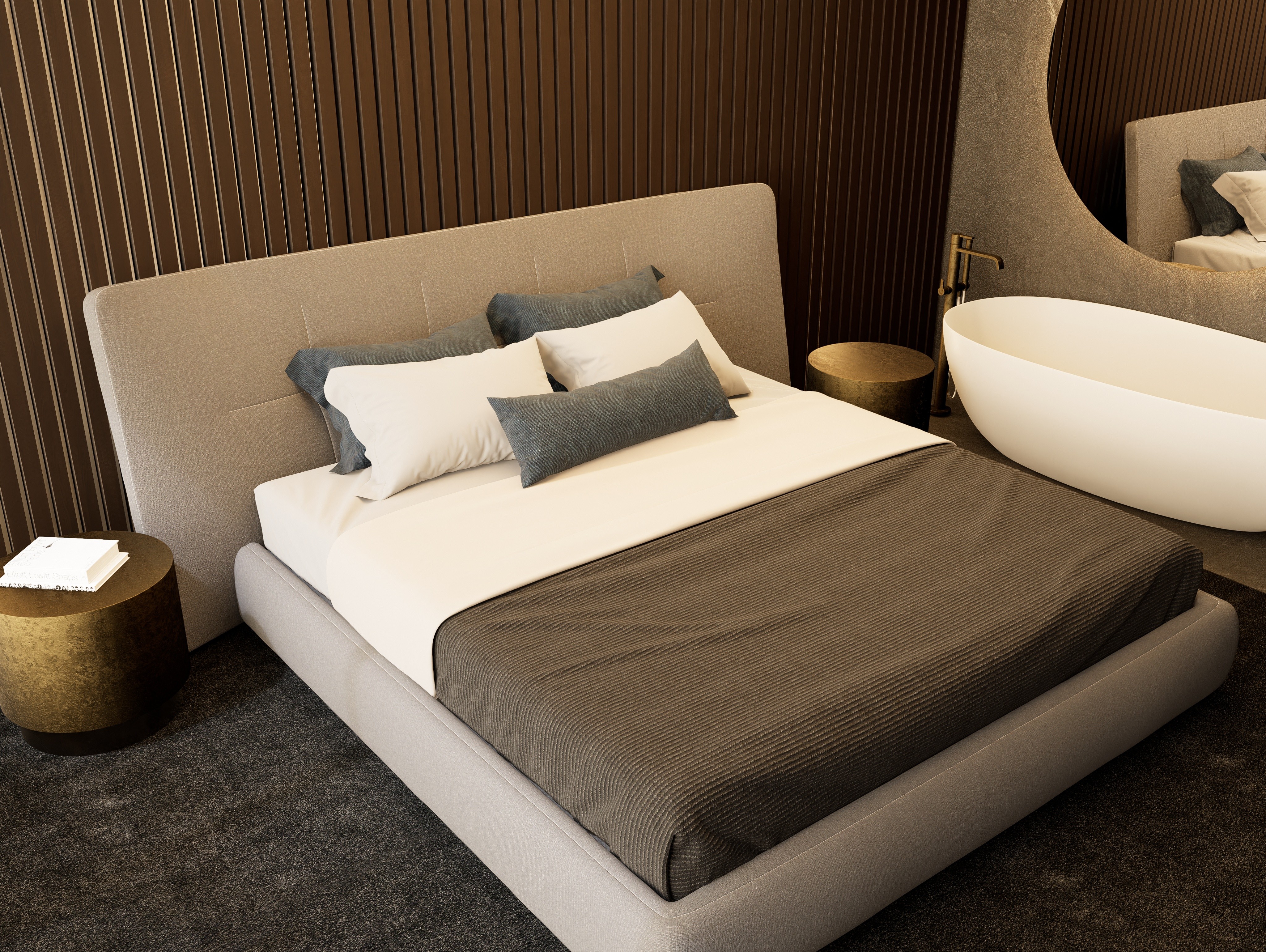 Modern master bedroom with integrated wellness area and custom fluted timber wall detailing in private residence in Nicosia, Cyprus