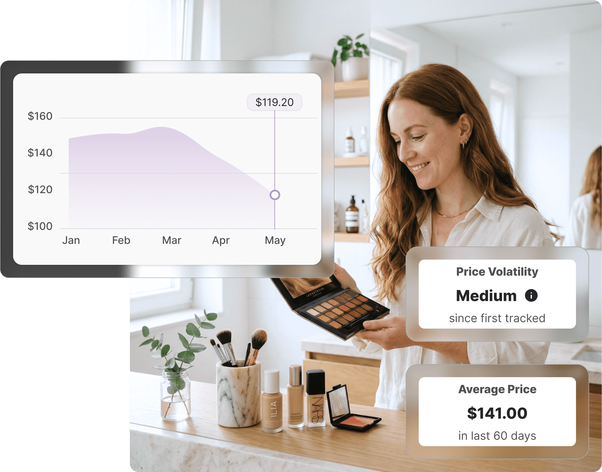 Woman examining a makeup palette at a beauty vanity, with a Whisprice price history chart showing a Sephora product dropped to $119.20 against a 60-day average of $141.