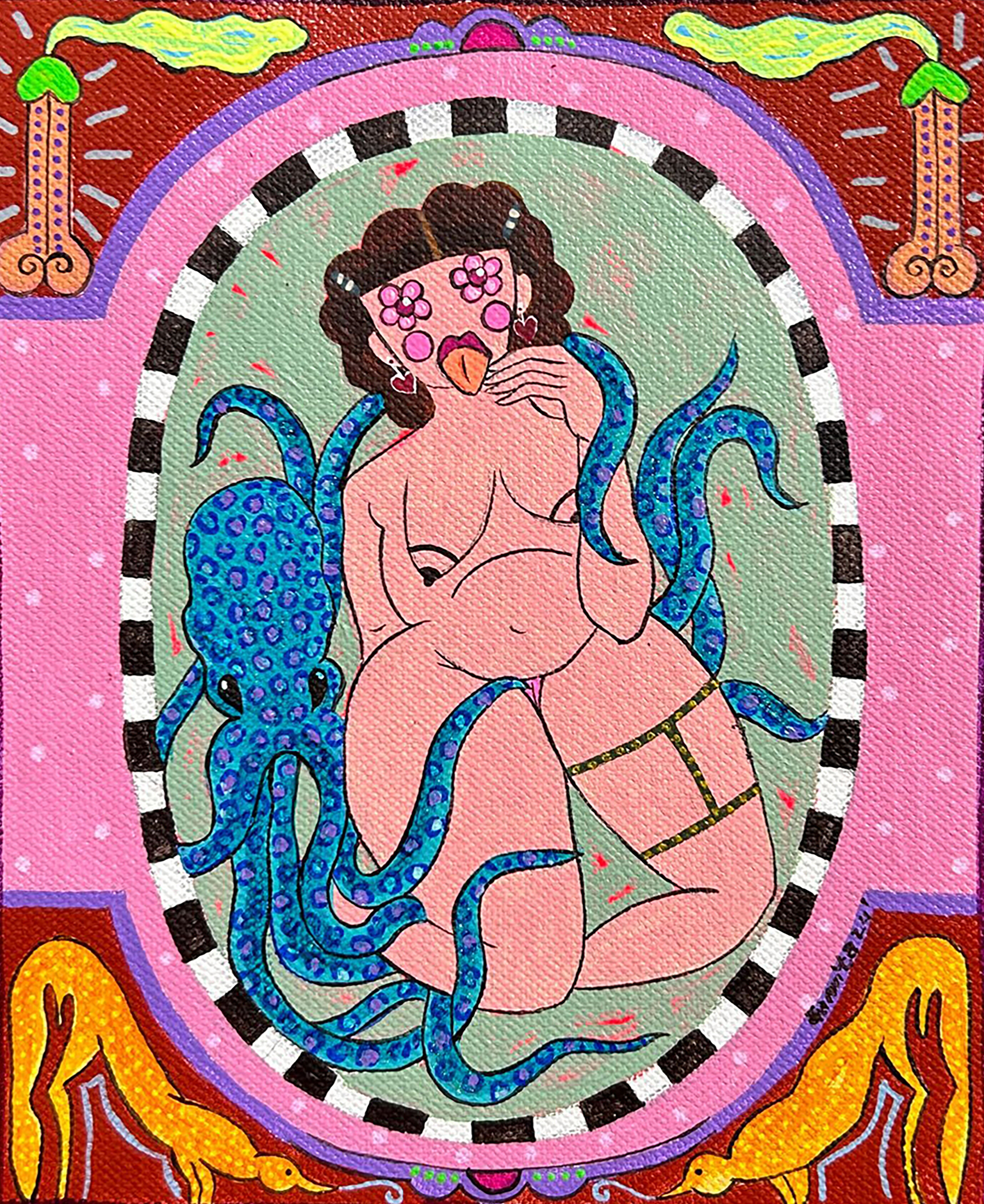 herd of sheep on road painting