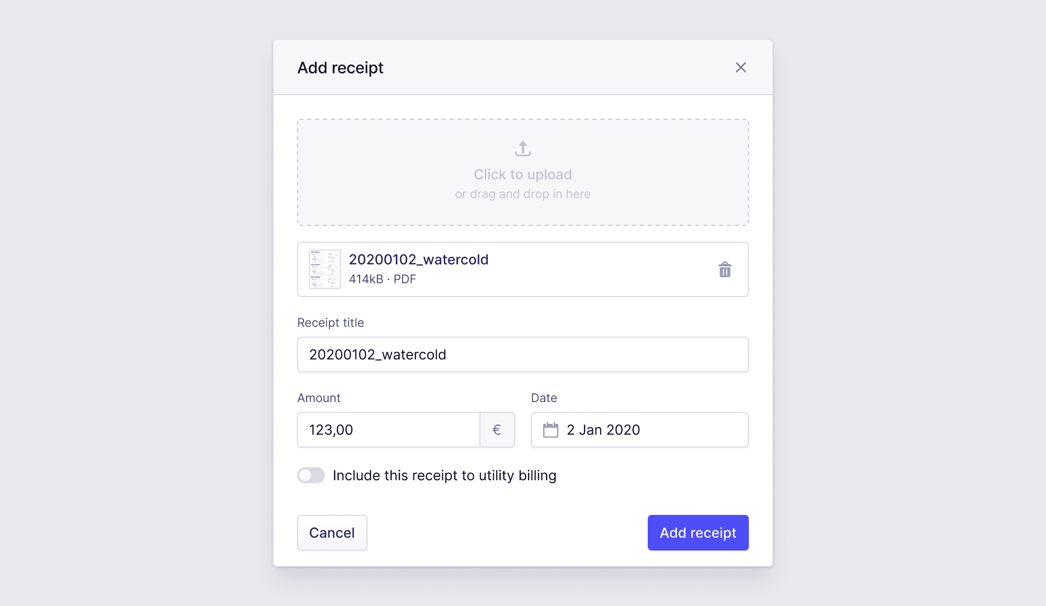 A modal to add a receipt. It contains the option to upload a file and fill in the data that’s on the receipt.