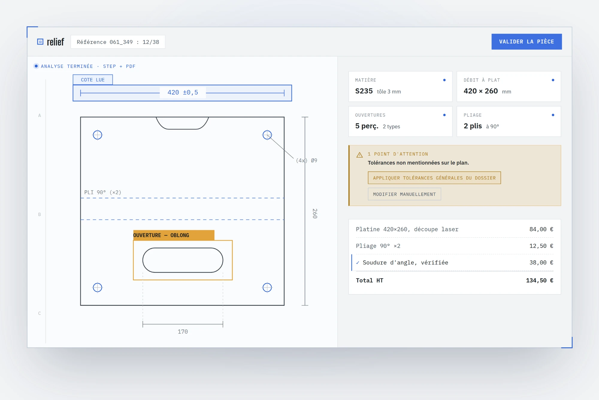 Interface Relief : analyse d’un plan technique et lignes de devis chiffrées