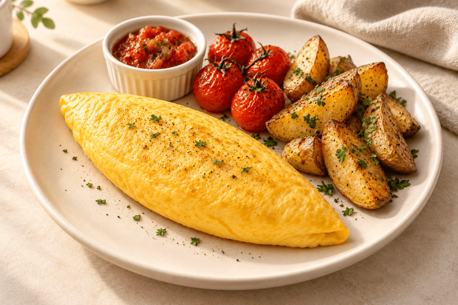 Golden omelette beside herbed potato wedges, roasted tomatoes and tomato relish